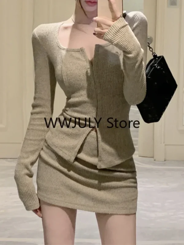 Grey Casual Knitted Suits Sexy 2 Piece Skirt Set Woman - Image 4