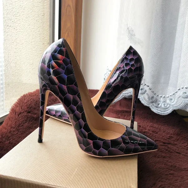 Black Geometry Print Women Glossy Pointy Toe High Heel Shoes - Image 3