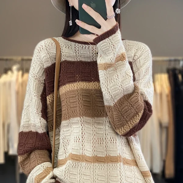 Wool striped contrast hollow O-neck loose pullover sweater fashion - Image 3