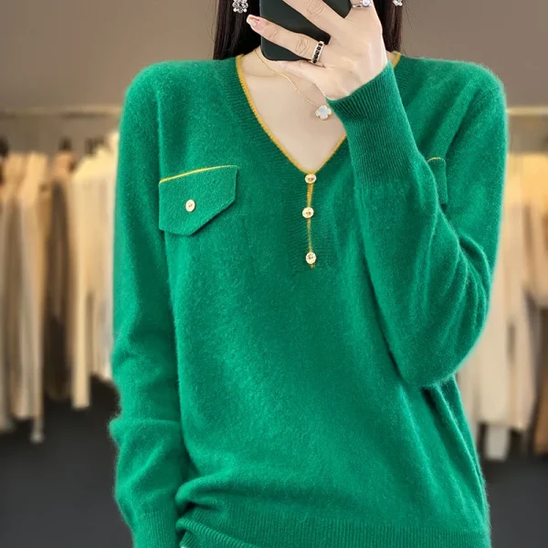 Cashmere sweater solid color button V-neck knitted pullover casual fashion - Image 2