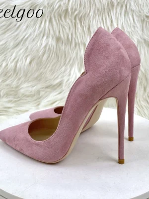 Pink Synthectic Suede Women Curl Cut Pointy Toe High Heel Shoes