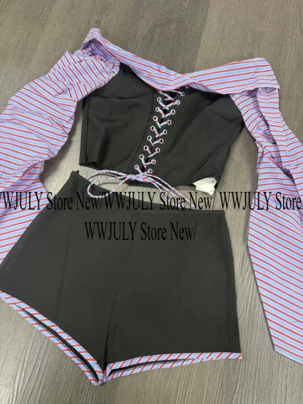 Kpop Outfits 2 Piece Set Long Sleeve Striped Patchwork Shirt - Image 2