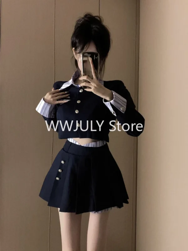 Uniform College Style Fashion Blazer Set Patchwork Elegant Crop Tops - Image 2