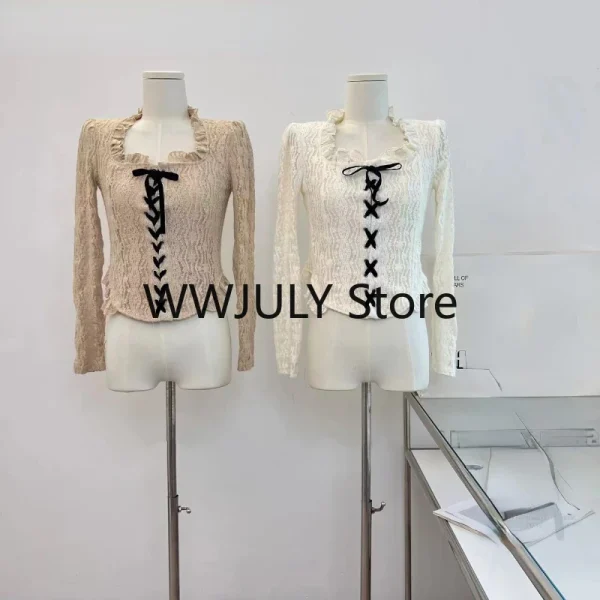 Slim Lace Blouse Woman Kawaii Korean Fashion Y2k Tops Casual Basic - Image 6