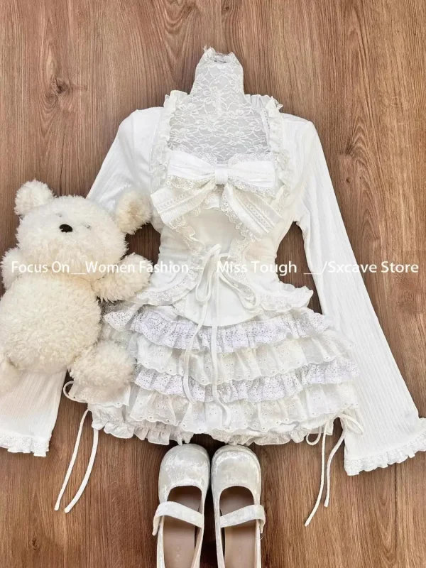 Sweet Lolita Style Sweet 3 Piece Set Woman Slim Ruffles Long Sleeve Cardigan - Image 4