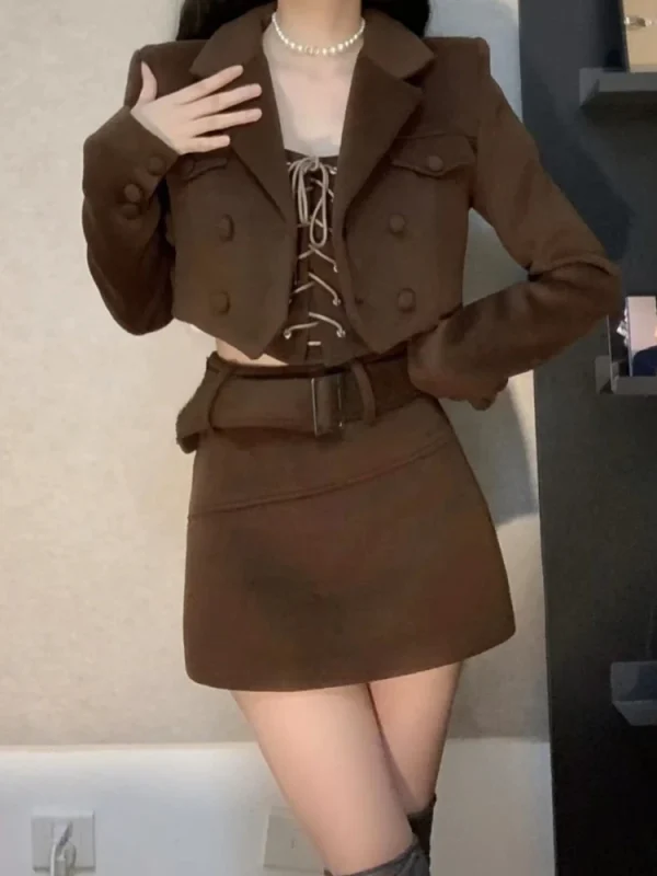 Korean Fashion 3 Piece Set Casual Vintage Suit Short Coat - Image 5