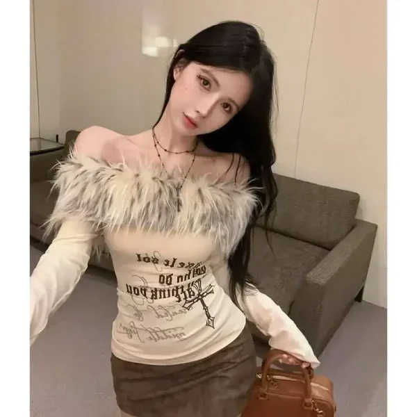 Fall Winter Women Korean Fashion Coquette Slash Neck T-Shirts - Image 6