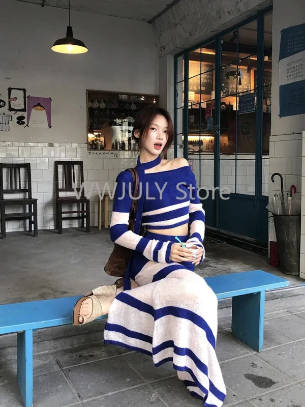 Blue Knitted Sets Women Korean Fashion Striped Suit Casual - Image 2