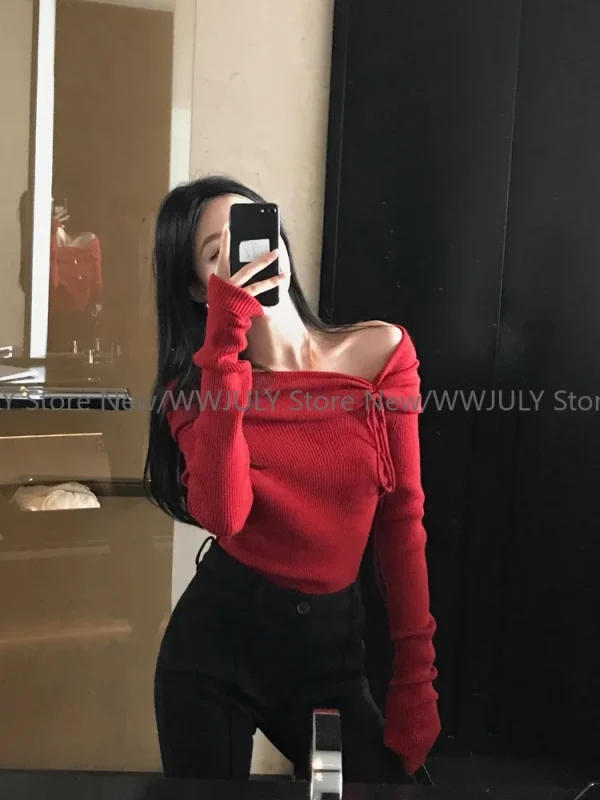 Vintage Red Slim Long Sleeve Tops Off Shoulder Sexy Knitted Sweater - Image 4