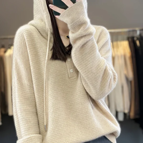 Sweater women's knitted pullover hoodie solid color buttons - Image 6