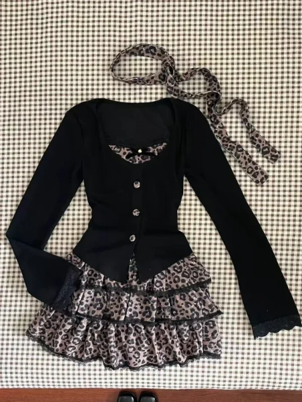 Outfits 2 Piece Set Coquette Tops Mini Leopard Ruffle Skirts