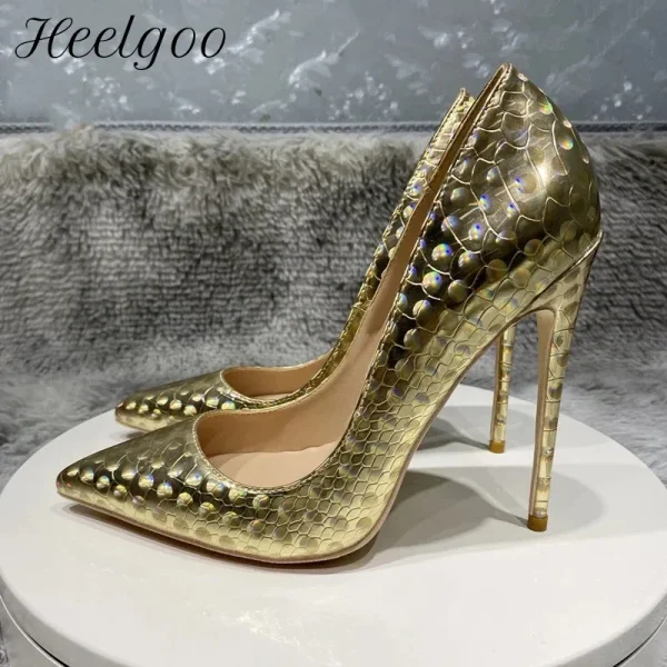 Glitter Gold Crocodile Effect Women Sexy Pointy Toe High Heel - Image 2