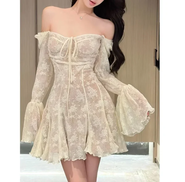 Off Shoulder Lace Up Ruffles A-line Long Sleeve Party Dress - Image 6