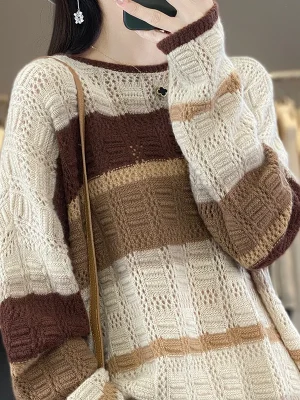 Wool striped contrast hollow O-neck loose pullover sweater fashion