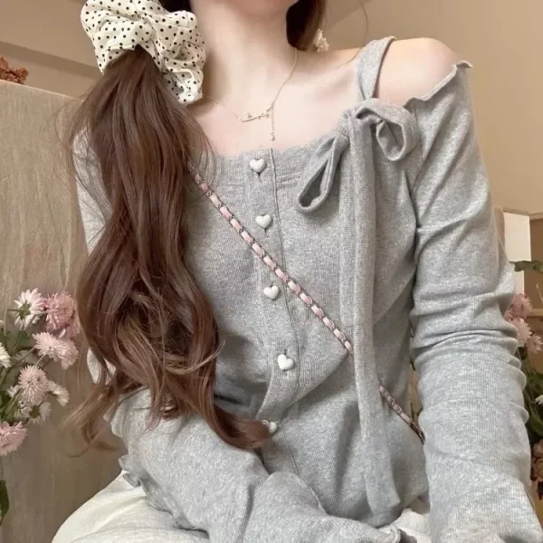 Fashion Sweet Off Shoulder Bow Lace Up Sweaters Slim Fit