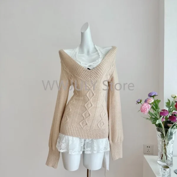 Woman Korean Ballet Core V-neck Two Piece Sets Pullovers Sweater - Image 5