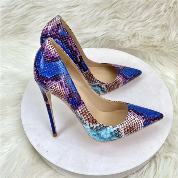 Blue Pink Snakeskin Women Sexy Pointy Toe High Heel Shoes - Image 3