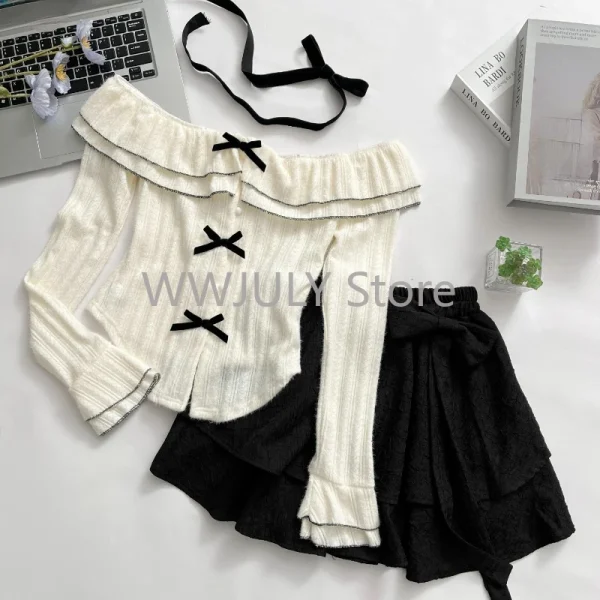 Woman Sweet Kawaii 2 Piece Set Casual Bow Crop Tops - Image 3