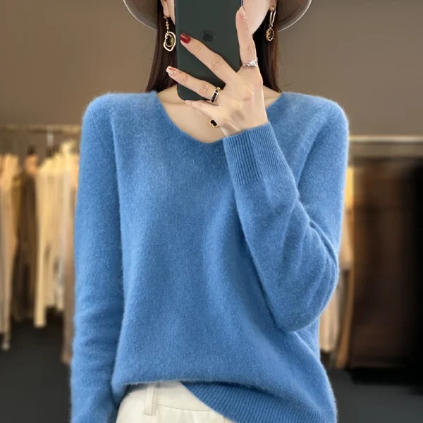 wool cashmere sweater women's V-neck pullover casual knit top - Image 5