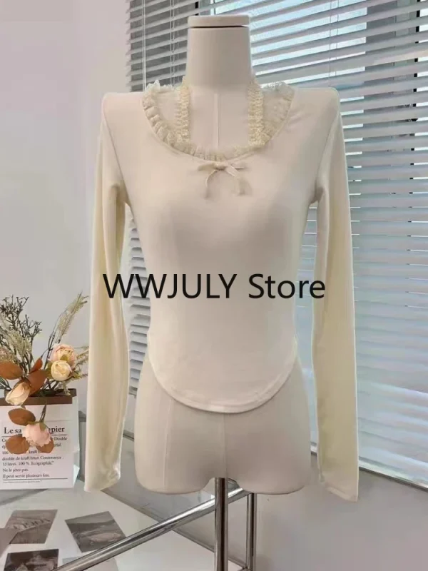 Korean Fashion Basic Lace Blouse Woman Pure Color Casual Slim Pullover - Image 4