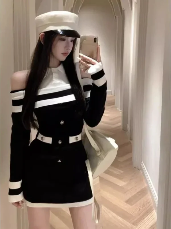 Woman Black Fake Two Piece One Shoulder Long Sleeve Dress - Image 2