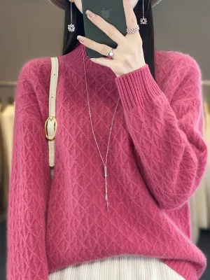 High neck cashmere sweater ladies thick diamond sweater loose