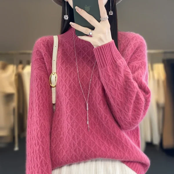 High neck cashmere sweater ladies thick diamond sweater loose