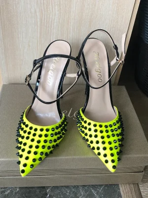 Lemon Green Women Sexy Spikes Pointy Toe Sling back High Heels