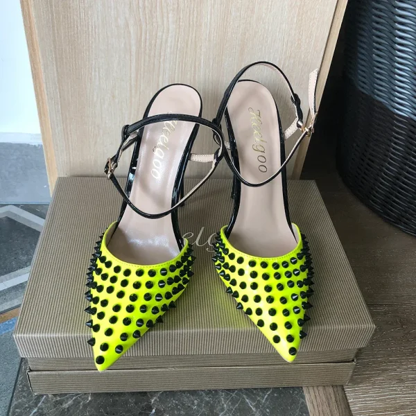 Lemon Green Women Sexy Spikes Pointy Toe Sling back High Heels