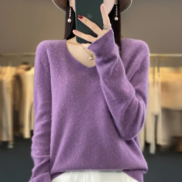 wool cashmere sweater women's V-neck pullover casual knit top - Image 6