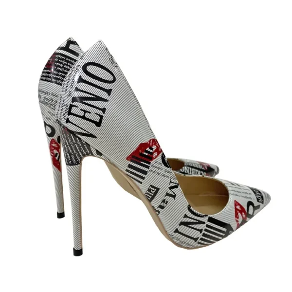 Sexy Letters Print Women White Pointy Toe High Heel Party Shoes - Image 6