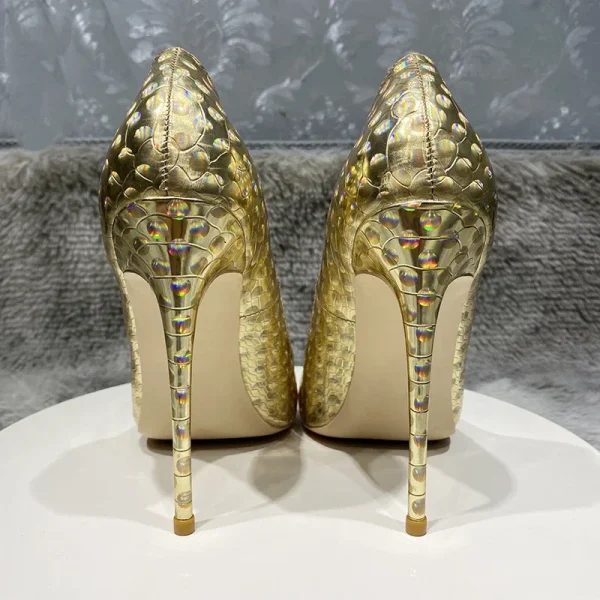 Glitter Gold Crocodile Effect Women Sexy Pointy Toe High Heel - Image 3