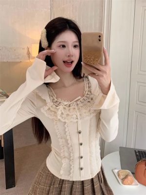 Outwear Long Sleeve Kawaii Slim Tops Casual Korean Fashion Pullover Woman