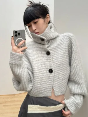 Gray Striped Women Sweater Vintage Turtleneck Korean Fashion