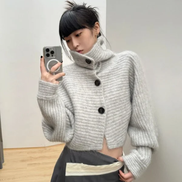 Gray Striped Women Sweater Vintage Turtleneck Korean Fashion