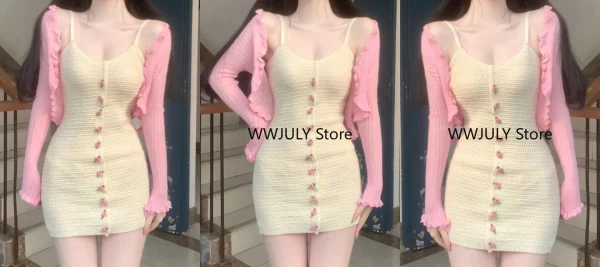 Sweet 2 Piece Dress Set Woman Red Long Sleeve Cardigan - Image 7