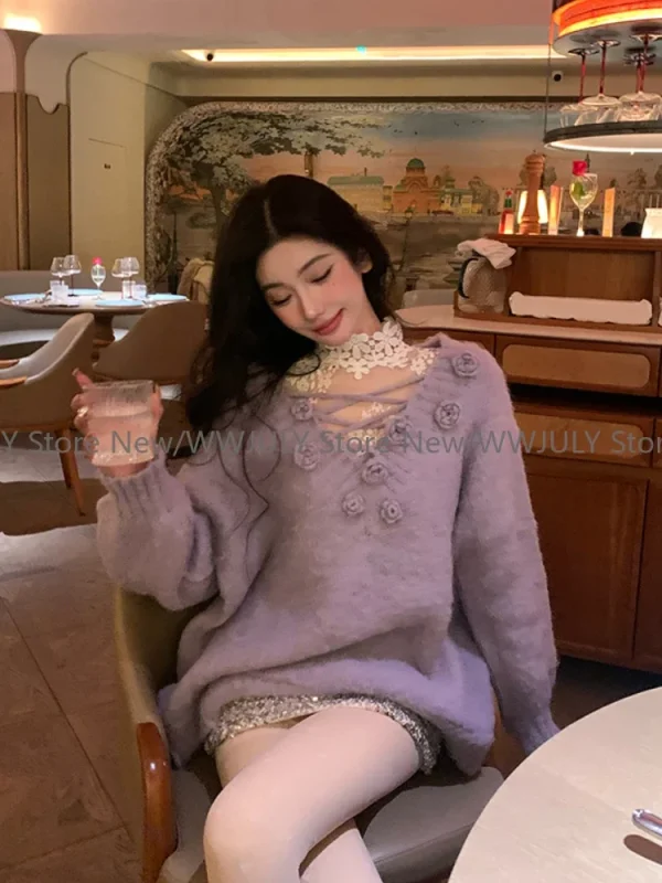 Winter Knitted Sweater Suit Woman Casual Basic Lace Tops - Image 4