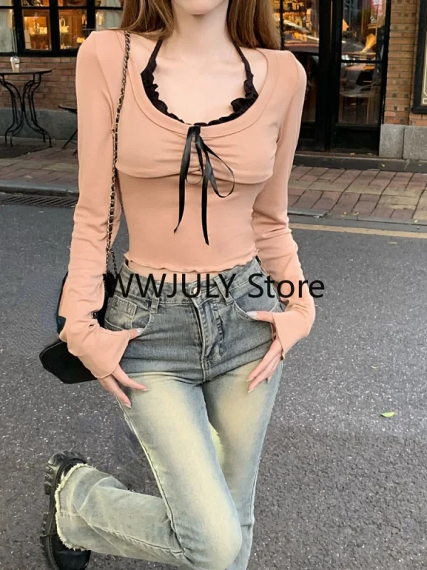 Korean Fashion Fake Two Tops Basic Casual Long Sleeve Blouse Woman - Image 6