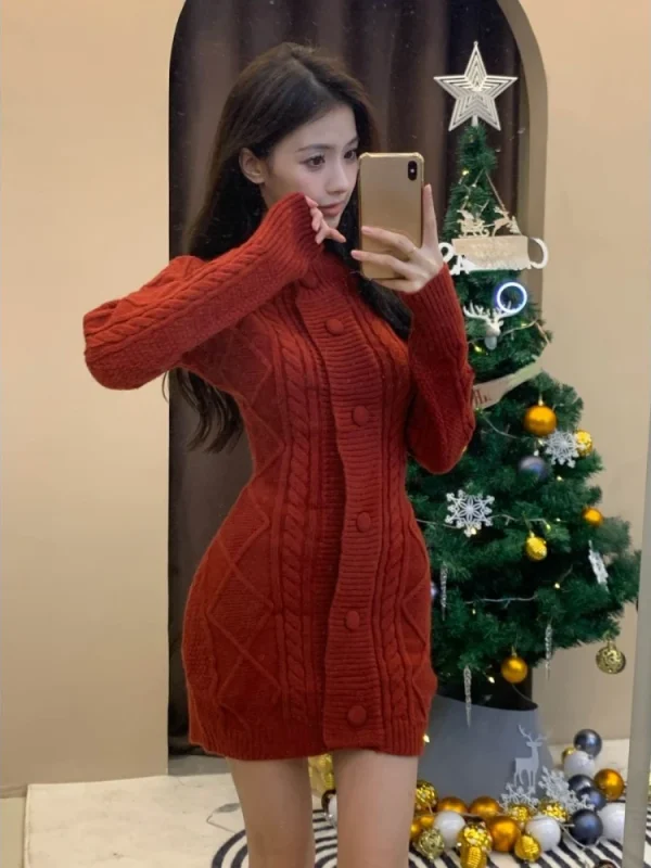 Warm Knitted Sweater Dress Slim Korean Fashion  Mini Dress Woman - Image 2