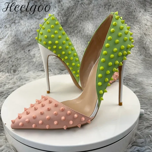 Green Pink Matte Patchwork Stiletto Pumps Women Sexy - Image 2