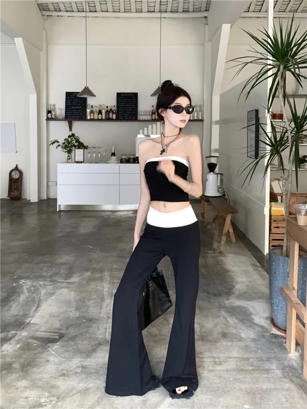 Women Summer Contrast Color Tube Top Vest Slightly Flared Trousers - Image 4