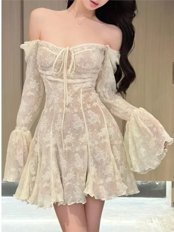 Off Shoulder Lace Up Ruffles A-line Long Sleeve Party Dress