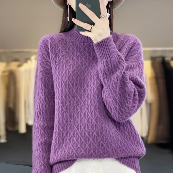 High neck cashmere sweater ladies thick diamond sweater loose - Image 2