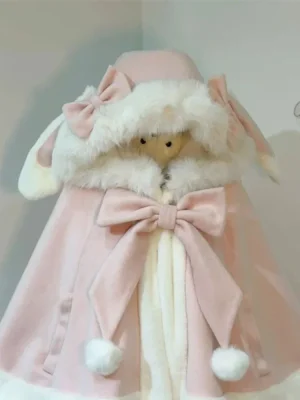 Faux Fur Ear Hooded Coat Kawaii Sweet Bow Jackets