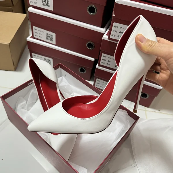 White Matte Sexy Red inside Side Cut Women's Pointy Toe High Heel - Image 5