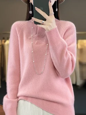 wool cashmere sweater retro buckle stand collar women’s loose