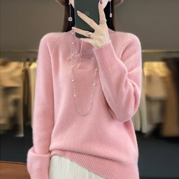 wool cashmere sweater retro buckle stand collar women's loose