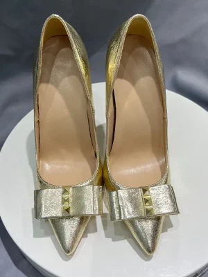 Gold Bow Women Pointy Toe High Heel Shoes Ladies Soft Leather