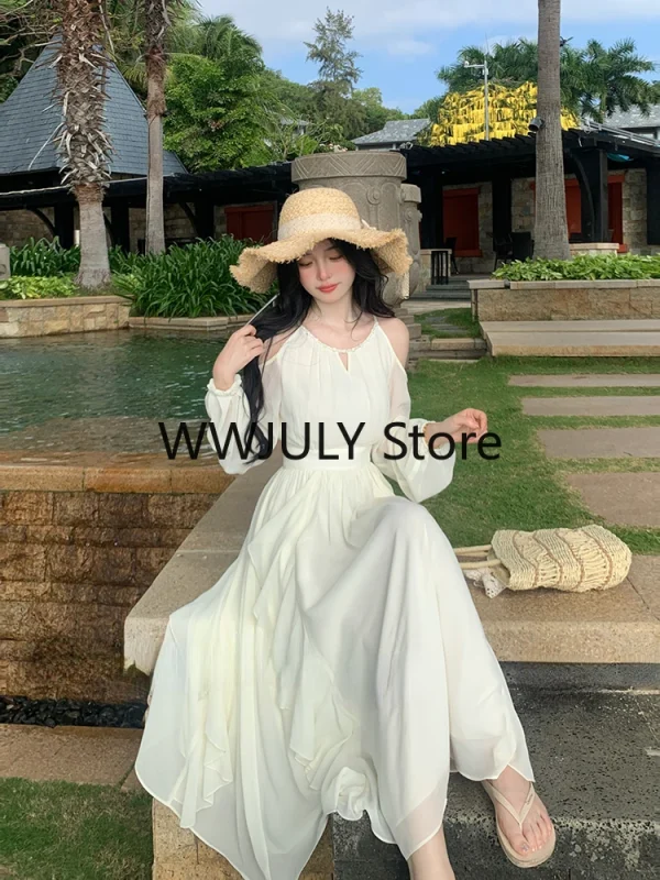 Chiffon Elegant Midi Dress Women Long Sleeve French Style