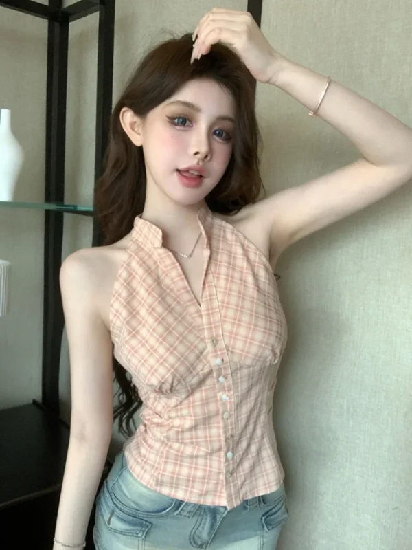 Woman Summer Shirt Sleeveless Plaid Lapel Summer Pleated Slim Fit - Image 3